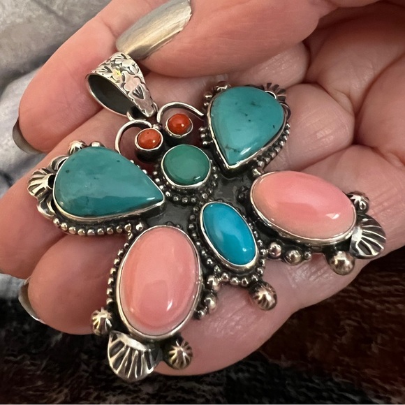 ❤️ Huge Butterfly Multi-Stone Navajo Pendant Conch Kingman Turquoise Coral 21gm - Picture 10 of 11